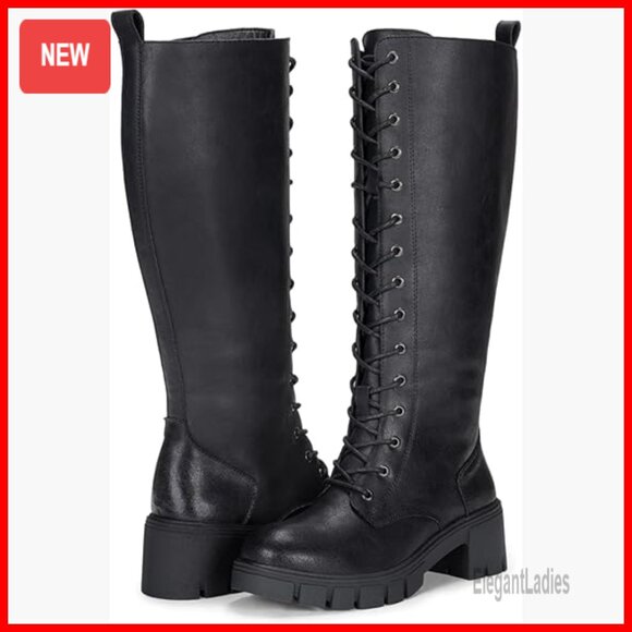 Women's Knee High Combat Boots Platform Heel Lace Up Waterproof Winter